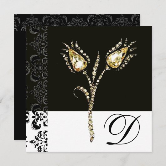 DIAMOND TULIPS, zwart-wit Damask-monogram Aankondiging (Voorkant / Achterkant)