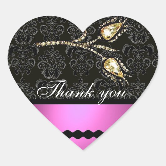 DIAMOND TULIPS ZWART WIT PINK DAMASK, Dank u Hart Sticker (Voorkant)