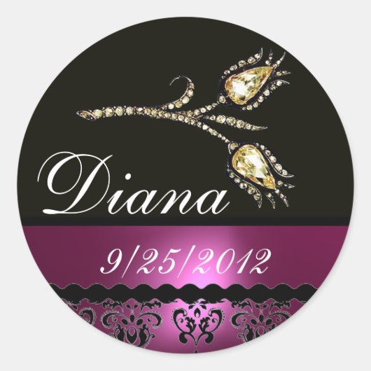 DIAMOND TULIPS ZWART WIT PINK FUCHSIA DAMASK, RONDE STICKER (Voorkant)