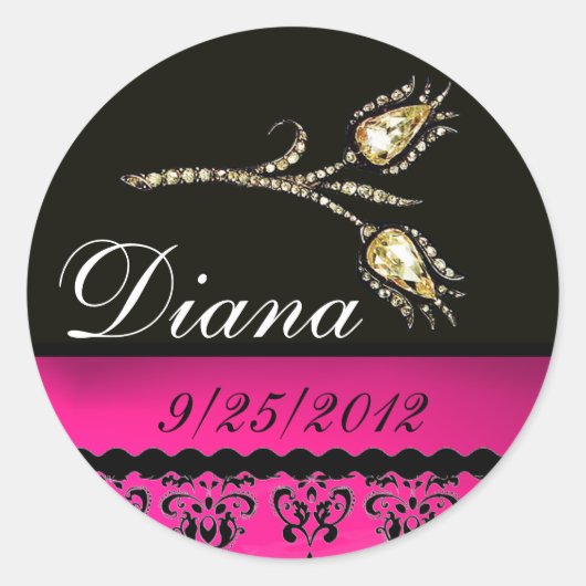 DIAMOND TULIPS ZWART WIT PINK FUCHSIA DAMASK, RONDE STICKER (Voorkant)