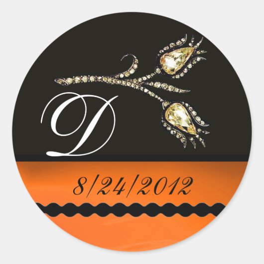 DIAMOND TULIPS ZWARTE WITTE ORANJE MONOGRAM RONDE STICKER (Voorkant)