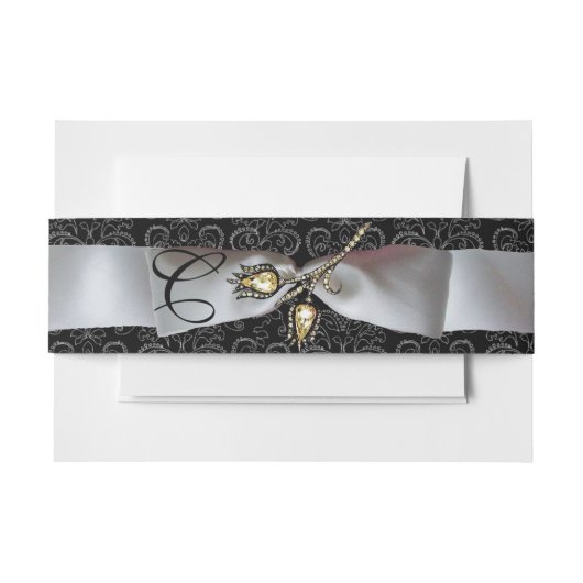 DIAMOND TULPEN Zwart Wit Damast Lint Monogram Uitnodigingen Wikkel (Voorkant Voorbeeld)
