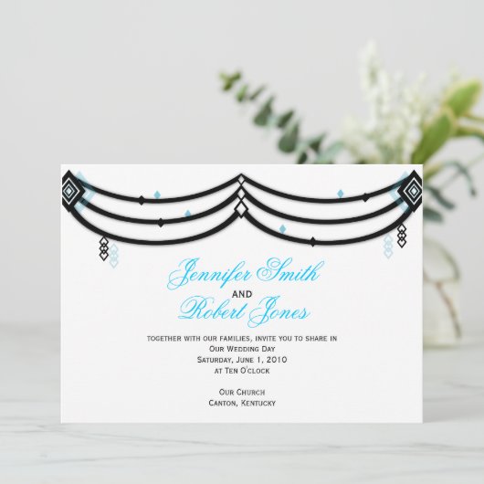Diamond Valance in Black Aqua Wedding Invitation Kaart (Staand voorkant)