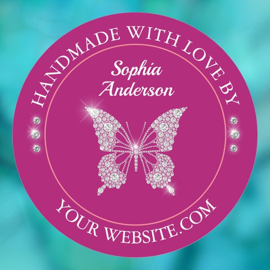 Diamond vlinder, handgemaakt met liefde diep fuchs ronde sticker