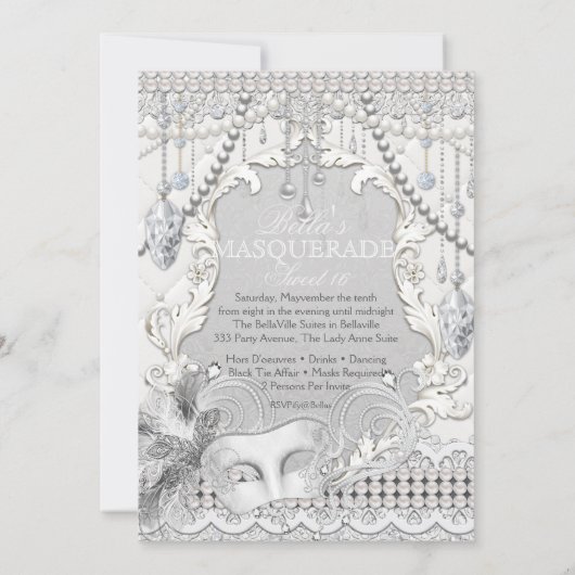 Diamond White Pearl Masquerade Invitation Kaart (Achterkant)
