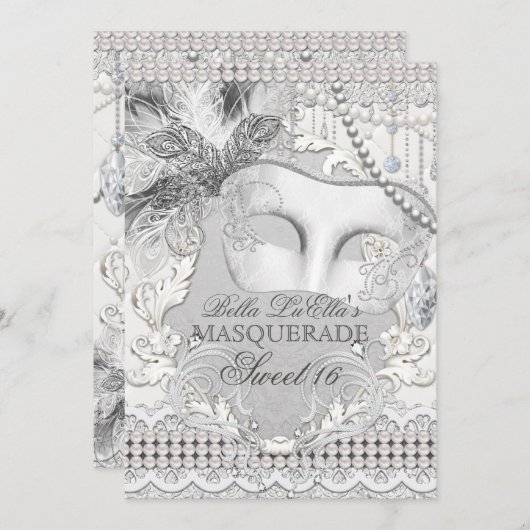 Diamond White Pearl Masquerade Invitation Kaart (Voorkant / Achterkant)