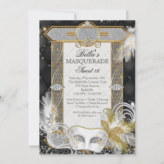 Diamond White Pearl Masquerade Invitation Kaart (Achterkant)