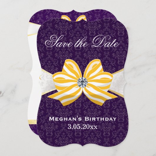 Diamond Yellow Ribbon met Paars Damascus Pattern Save The Date (Voorkant / Achterkant)