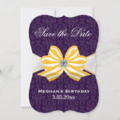 Diamond Yellow Ribbon met Paars Damascus Pattern Save The Date (Voorkant)
