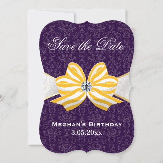Diamond Yellow Ribbon met Paars Damascus Pattern Save The Date (Voorkant)