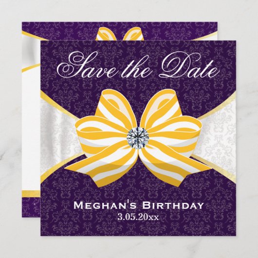 Diamond Yellow Ribbon met Paars Damascus Pattern Save The Date (Voorkant / Achterkant)