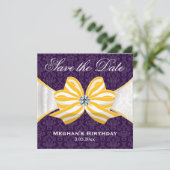 Diamond Yellow Ribbon met Paars Damascus Pattern Save The Date (Staand voorkant)