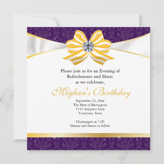 Diamond Yellow Ribbon met Paars Damascus Pattern Save The Date (Achterkant)