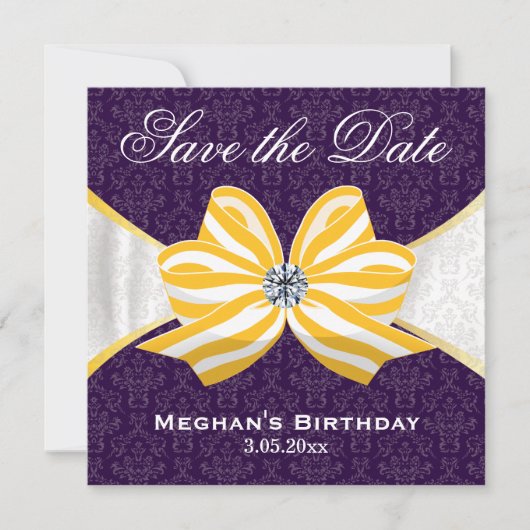 Diamond Yellow Ribbon met Paars Damascus Pattern Save The Date (Voorkant)
