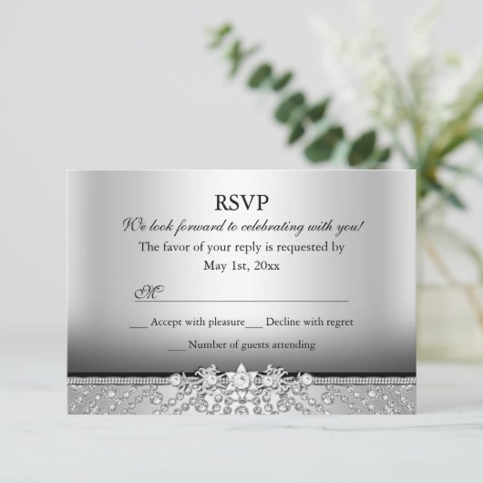 Diamond Zilver & Zwarte RSVP Kaartje (Staand voorkant)