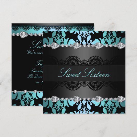Diamond Zwart/Blauw Sweet16 Verjaardag uitnodiging (Voorkant / Achterkant)