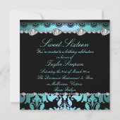 Diamond Zwart/Blauw Sweet16 Verjaardag uitnodiging (Achterkant)