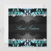 Diamond Zwart/Blauw Sweet16 Verjaardag uitnodiging (Voorkant)