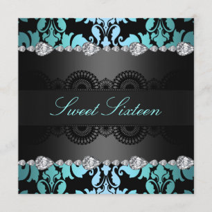 Diamond Zwart/Blauw Sweet16 Verjaardag uitnodiging