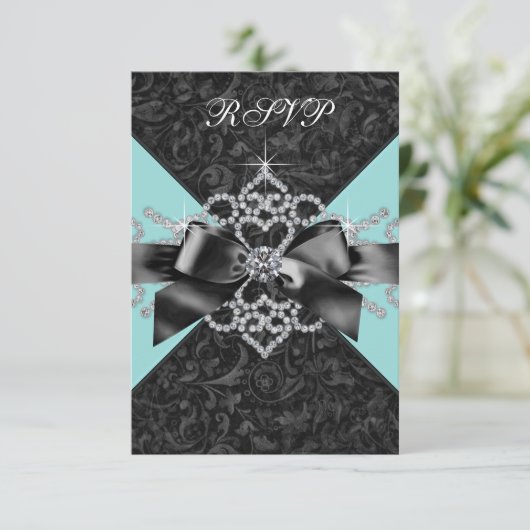 Diamonds Blauwgroen Blauw Zwart Sweet 16 Verjaarda RSVP Kaartje (Staand voorkant)