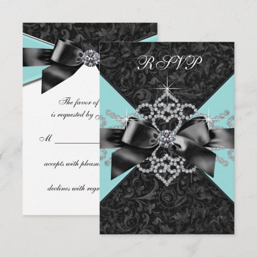 Diamonds Blauwgroen Blauw Zwart Sweet 16 Verjaarda RSVP Kaartje (Voorkant / Achterkant)