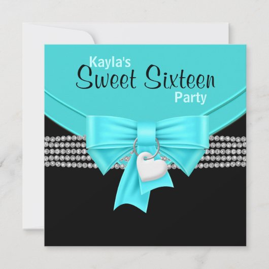 Diamonds Blauwgroen Blauw Zwart Wit Sweet 16 Party Kaart (Voorkant)
