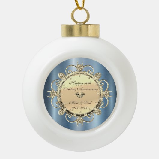 Diamonds Blue Metallic 50th Wedding Jubileum Keramische Bal Ornament (Voorkant)