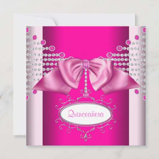 Diamonds Bow Hot Pink Quinceanera Kaart (Voorkant)