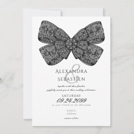 Diamonds Bow Script Zwart & Wit Huwelijk Kaart (Voorkant)