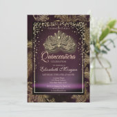 Diamonds Burgundy Floral Damask Quinceañera Kaart (Staand voorkant)
