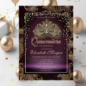 Diamonds Burgundy Floral Damask Quinceañera Kaart