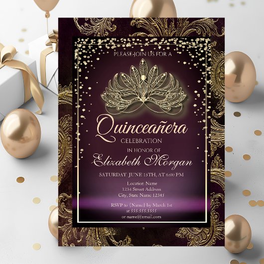 Diamonds Burgundy Floral Damask Quinceañera Kaart