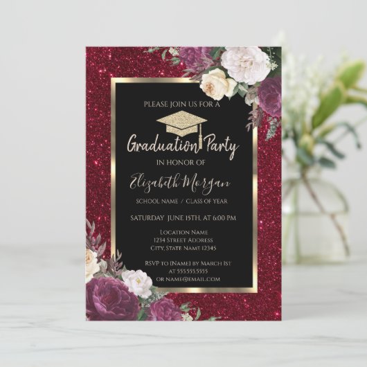Diamonds Burgundy Flowers Red Glitter Afstuderen Kaart (Staand voorkant)
