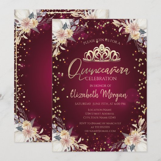 Diamonds Burgundy Pumpkin Floral Quinceañera Kaart (Voorkant / Achterkant)