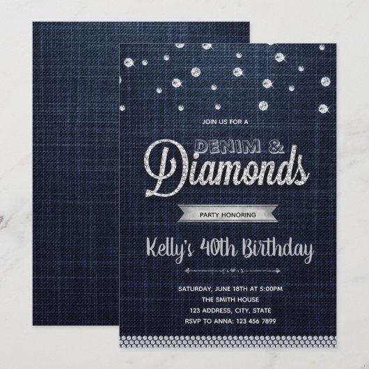 Diamonds denim partijuitnodiging kaart (Voorkant / Achterkant)