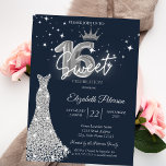 Diamonds Dress,Diamonds Stars Navy Blue Sweet 16  Kaart<br><div class="desc">Silver glitter tiara,  dress,  diamonds,  and white stars on a navy blue background.</div>
