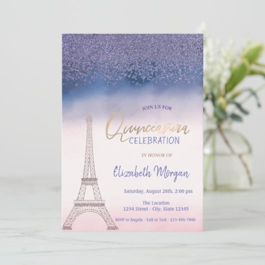 Diamonds, Eiffel Tower Ombre Quinceanera Kaart (Staand voorkant)