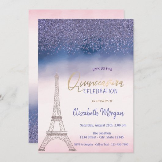 Diamonds, Eiffel Tower Ombre Quinceanera Kaart (Voorkant / Achterkant)