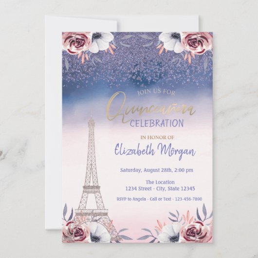 Diamonds, Eiffel Tower Ombre Rozen Quinceanera Kaart (Voorkant)