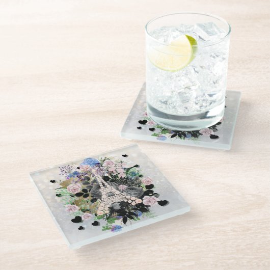 Diamonds Eiffeltoren Bloemen Glazen Onderzetter (Schuin)