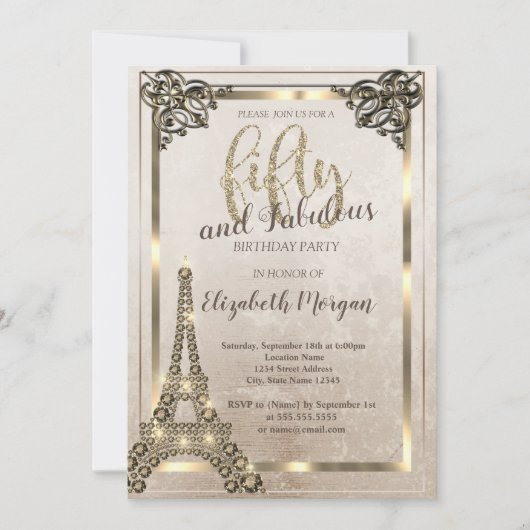 Diamonds Eiffeltoren, Border 50th Birthday Party Kaart (Voorkant)