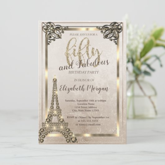 Diamonds Eiffeltoren, Border 50th Birthday Party Kaart (Staand voorkant)