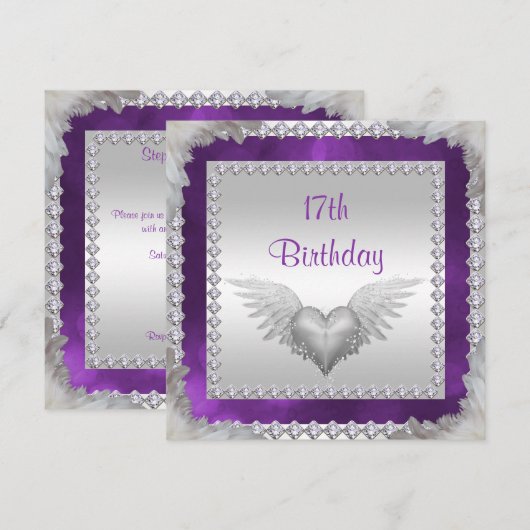 Diamonds en veren 17e verjaardag kaart (Voorkant / Achterkant)
