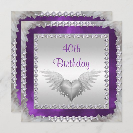 Diamonds en veren 40e verjaardag kaart (Voorkant / Achterkant)