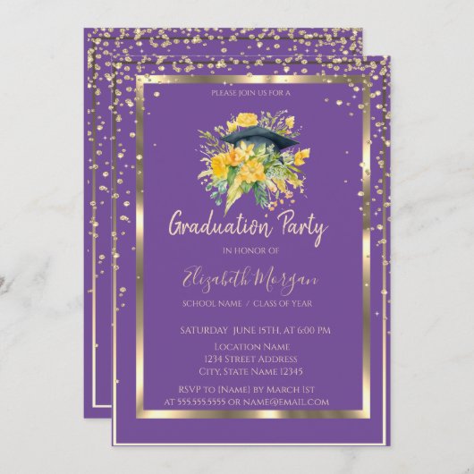 Diamonds Floral Afstudeerder Pet Violet Afstuderen Kaart (Voorkant / Achterkant)