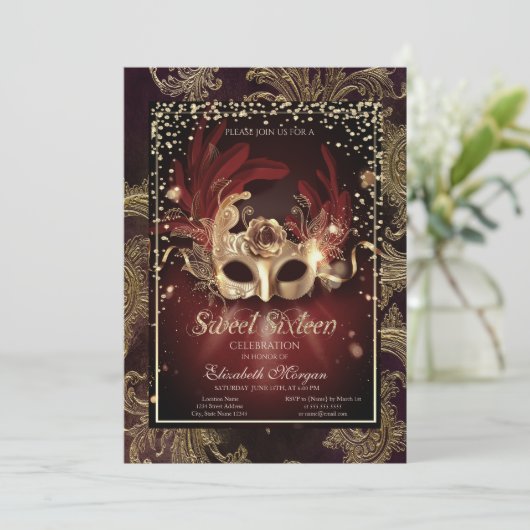 Diamonds Floral Damask Masquerade Sweet 16 Kaart (Staand voorkant)