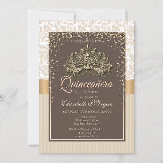 Diamonds Floral Damask Quinceañera Kaart (Voorkant)