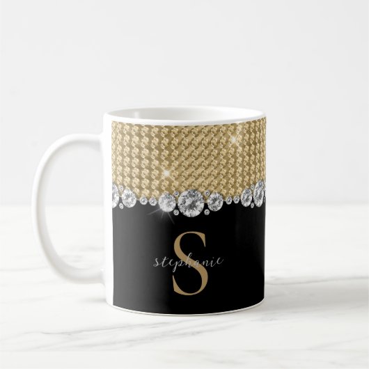 Diamonds Gold Black Elegant Shiny Monogram Aangepa Koffiemok (Links)