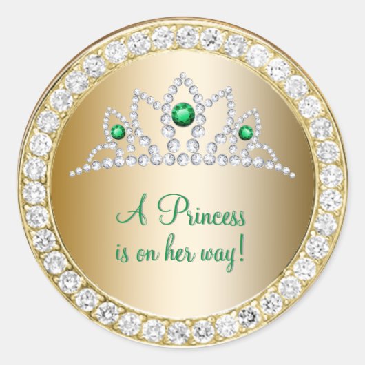 Diamonds Gold Princess Emerald Tiara Baby shower Ronde Sticker (Voorkant)