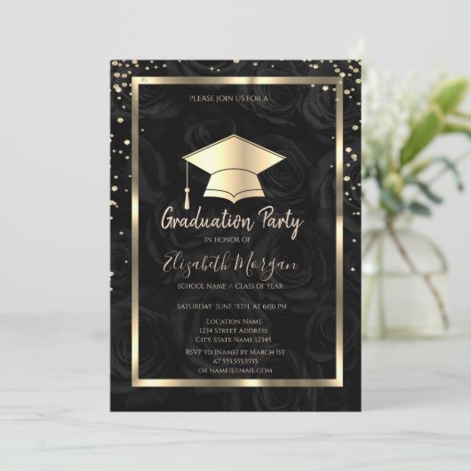 Diamonds Goud Afstudeerder Pet Zwarte Rozen Afstud Kaart (Staand voorkant)